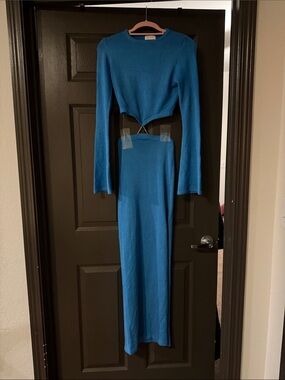 Meshki Teal-Blue Knit Two-Piece Maxi Set